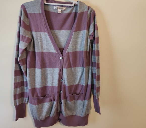 Decree Sweaters - Decree Women's Cardigan in Purple and Gray Stripes